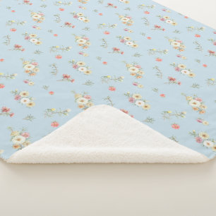 Soft Blue Moss Rose Watercolor Floral Sherpa Blanket