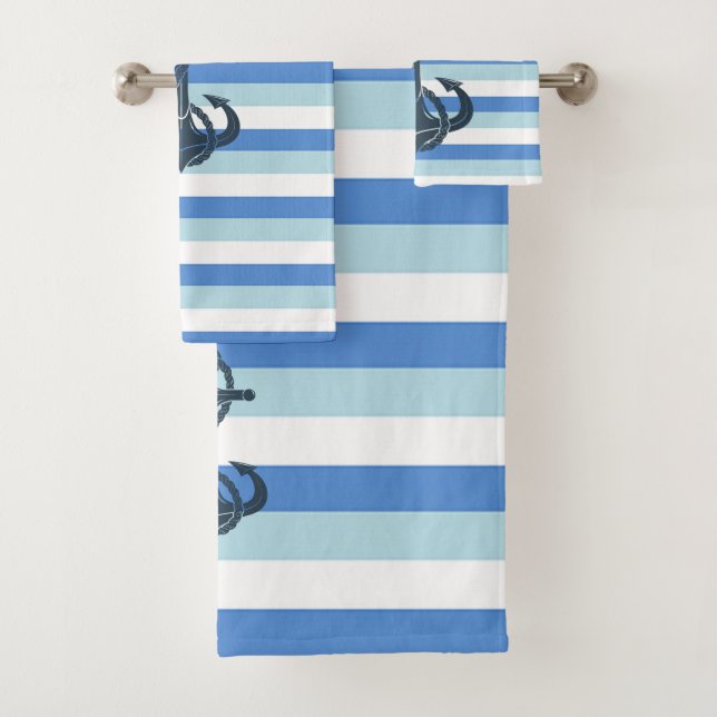Soft blue, navy anchor bath towel set (Insitu)