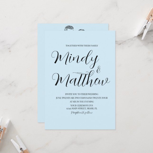 Soft Blue on Black Couple Wedding Invitation (Front/Back In Situ)