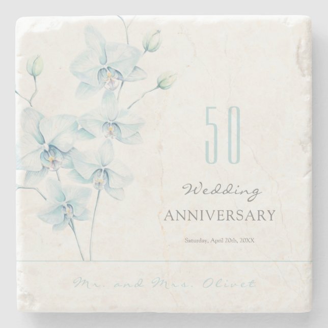 Soft Blue Orchid Wedding Anniversary 50 Years Stone Coaster (Front)