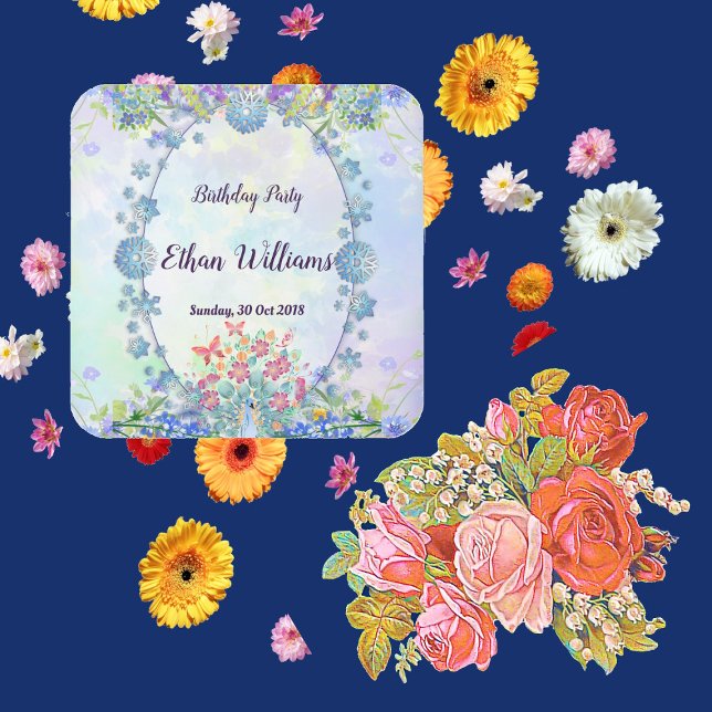 Soft Blue Pastel Hydrangea Purple Oval Birthdays Square Sticker (Soft Blue Pastel Hydrangea Purple Floral Birthday Square Sticker)