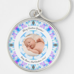 Soft Blue Pastels Custom Christmas Grandma Photo Key Ring