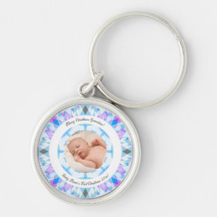 Soft Blue Pastels Custom Christmas Grandma Photo Key Ring