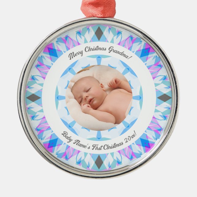 Soft Blue Pastels Custom Christmas Grandma Photo Metal Ornament (Front)