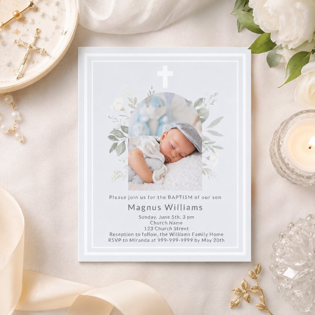 Soft blue photo florals boy Baptism invitation (Creator Uploaded)