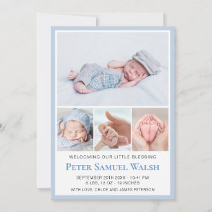 Soft Blue Photo Welcoming Newborn Baby Boy Birth Announcement