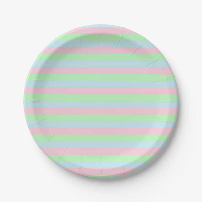 Soft Blue, Pink and Green Stripes Paper Plate (Front)