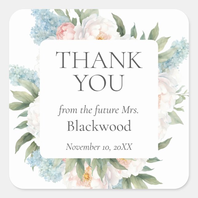 SOFT BLUE PINK BLOOMING FLOWERS BRIDAL Thank You Square Sticker (Front)