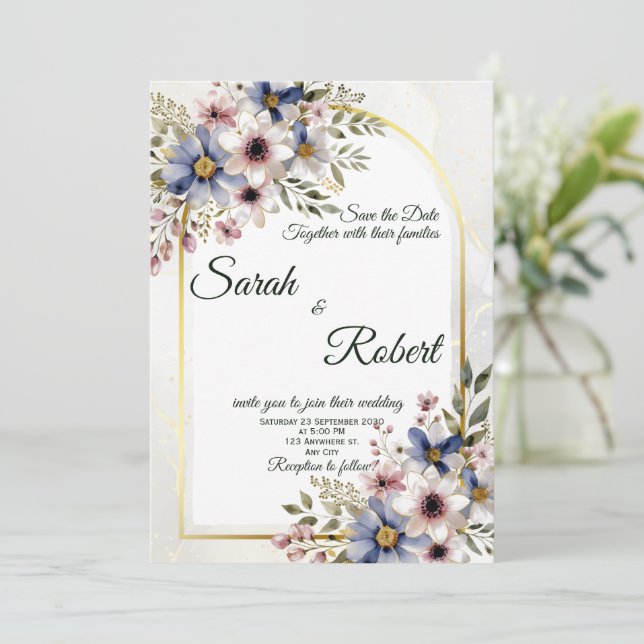 Soft Blue Pink Floral Frame Elegant Wedding Invite (Standing Front)