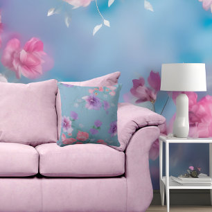 Soft Blue pink silk flowers green leaves fabric Cushion