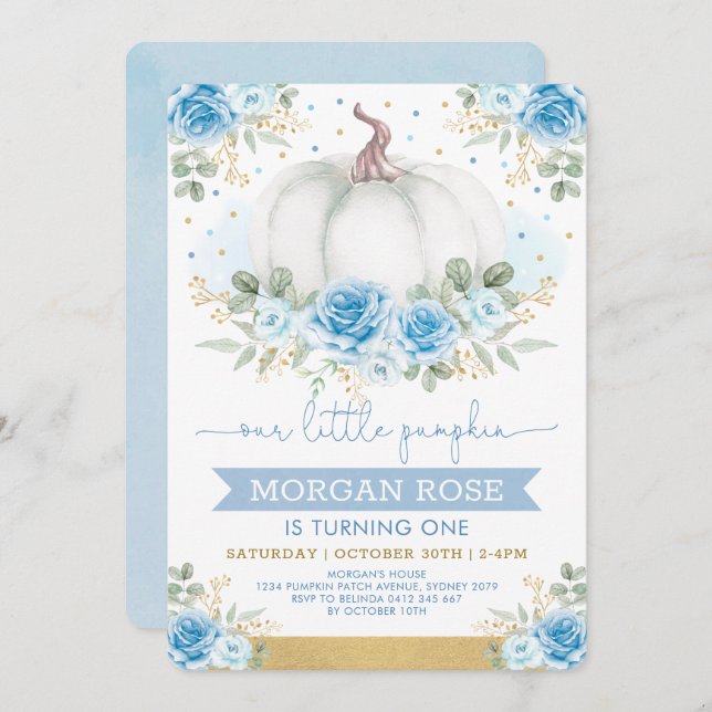 Soft Blue Pumpkin Watercolor Roses Baby Shower Invitation (Front/Back)