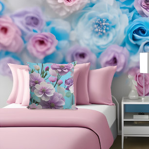 Soft Blue purple pink silk large flowers  Cushion