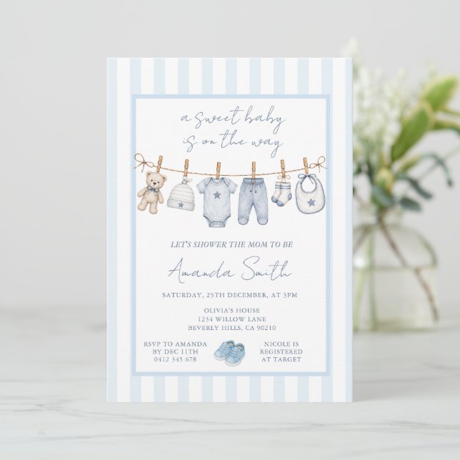 Soft Blue Rustic Hanging Clothesline Baby Shower  Invitation (Standing Front)