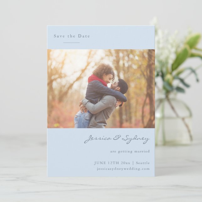 Soft Blue Script Couple Photo Getting Married Save The Date (Standing Front)