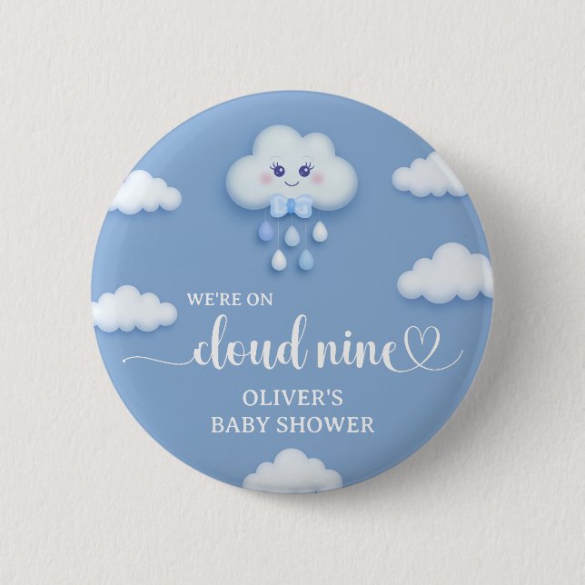 Soft blue sky white fluffy cloud nine baby shower 6 cm round badge (Front)