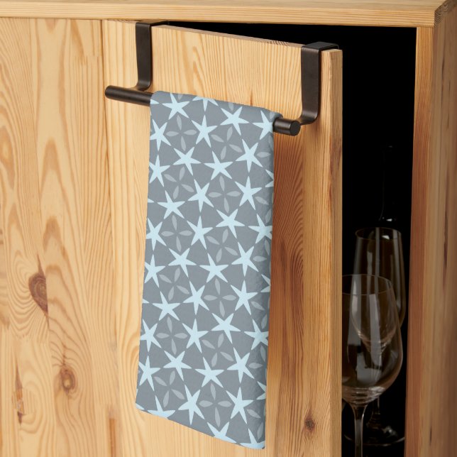 Soft Blue Starburst on Slate Grey Pattern Tea Towel (Thirds Fold)