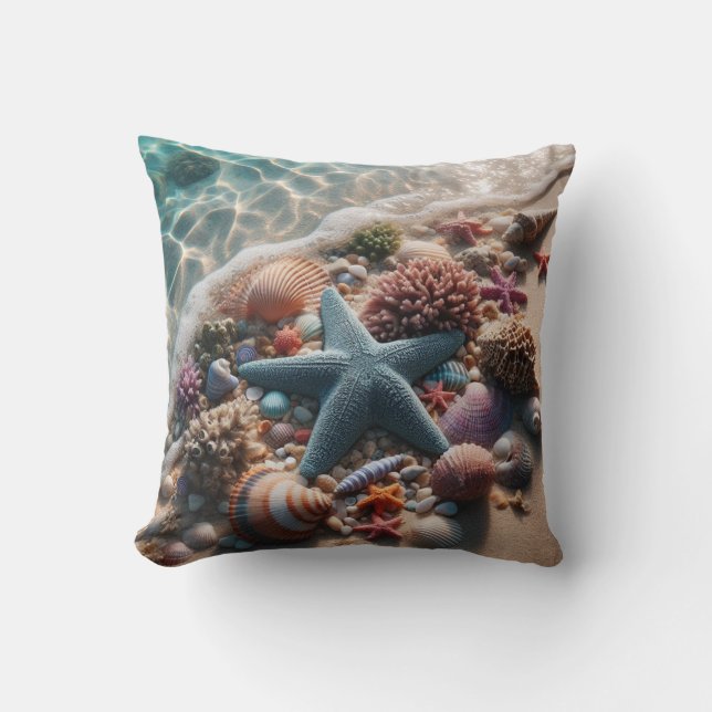 Soft Blue Starfish Seashells Beach  Cushion (Front)