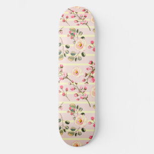Soft Blue Stripe Floral  Skateboard