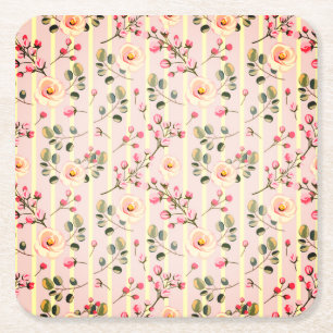 Soft Blue Stripe Floral  Square Paper Coaster