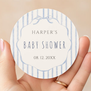 Soft Blue Stripes with Frame Baby Shower Classic Round Sticker