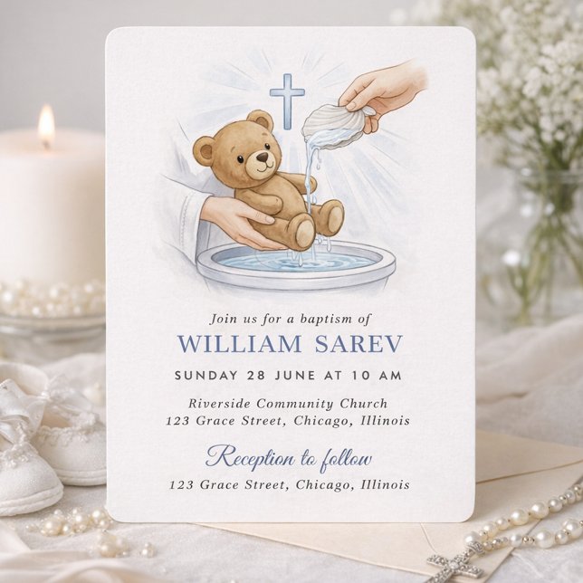 Soft Blue Teddy Bear Baptism  Invitation (Creator Uploaded)