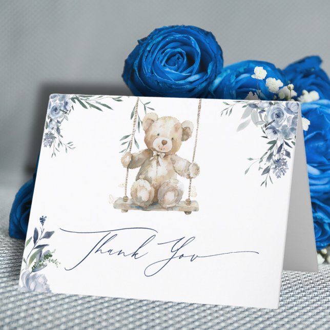 Soft Blue Teddy Swing Baby Shower Thank You Card (Creator Uploaded)