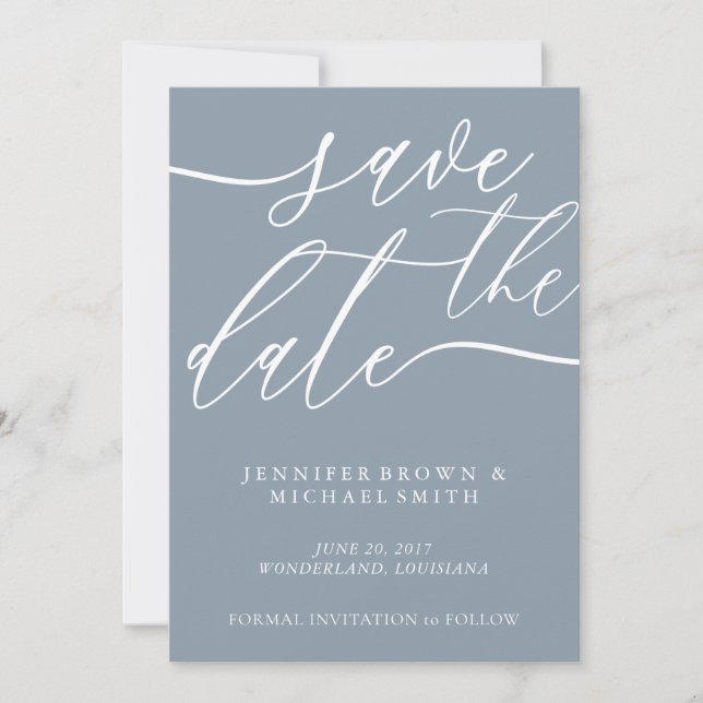 Soft Blue Theme Wedding Custom Photo Calligraphy Save The Date (Front)