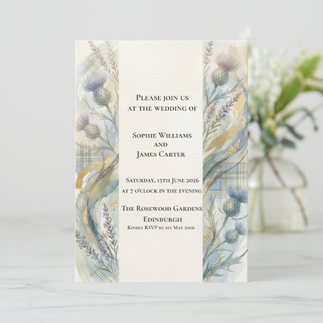 Soft Blue Thistle Gold Sash Tartan Scottish Weddin Invitation (Standing Front)