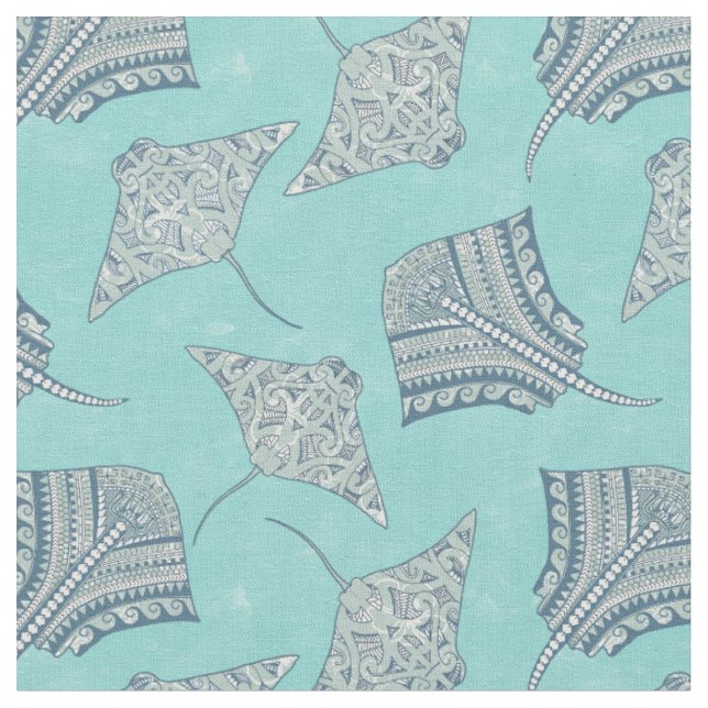 Soft Blue Tribal Stingrays Fabric (Close Up)