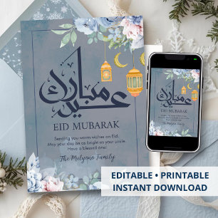 Soft Blue Watercolor Floral Eid Mubarak Greeting Holiday Card