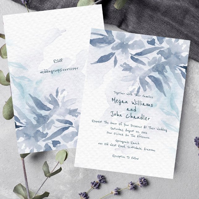 Soft Blue Watercolor Leaves Wedding Invitation (Soft Blue Watercolor Leaves Wedding Invitation)