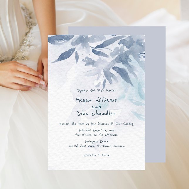 Soft Blue Watercolor Leaves Wedding  Invitation (Soft Blue Watercolor Leaves Wedding Invitation - Blue Background)