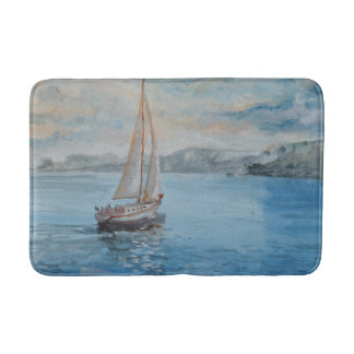 Soft Blue Watercolor Sailboat Bath Mat