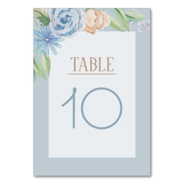 Soft Blue Watercolor Sketched Floral Table Number (Front)