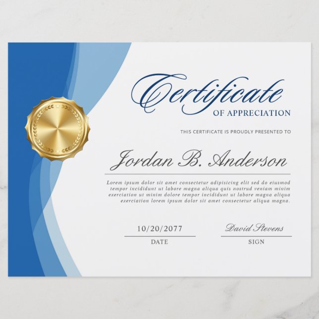 Soft Blue Wave Professional Certificate Award (Front)