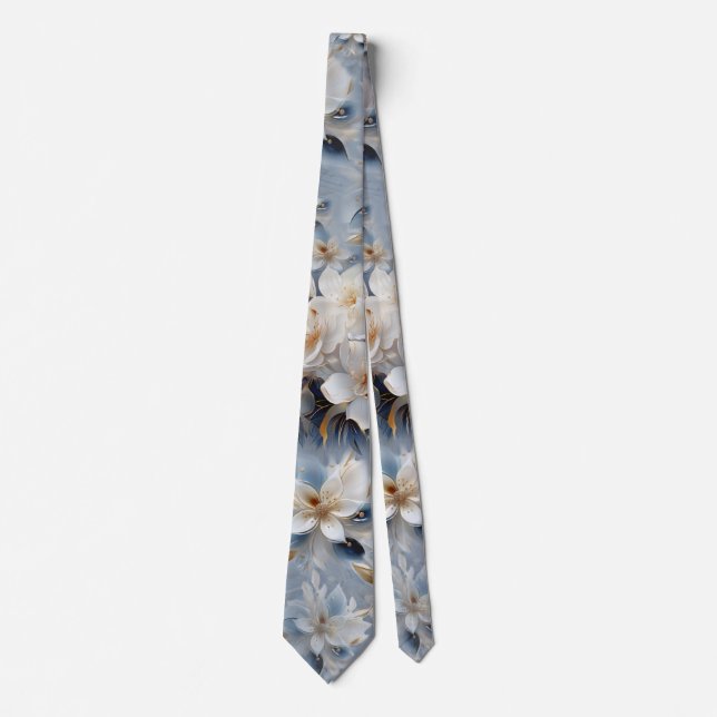 Soft Blue, White and Gold Flowers on Silk Tie (Front)