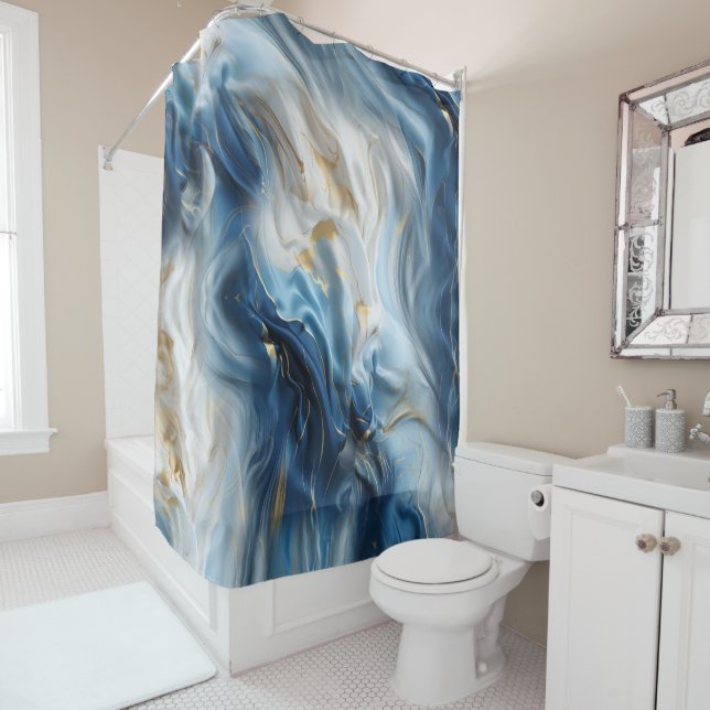 Soft Blue White Marble with Gold Shower Curtain (In Situ)
