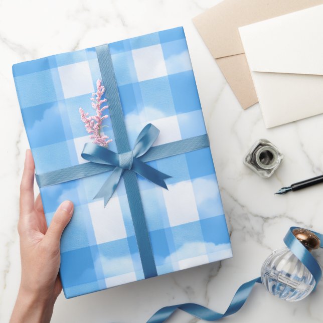 Soft Blue White Summer Gingham Cloud Plaid Pattern Wrapping Paper (Gifting)