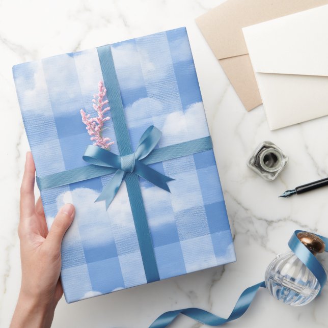 Soft Blue White Summer Gingham Cloud Plaid Pattern Wrapping Paper (Gifting)