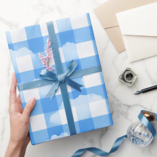Soft Blue White Summer Gingham Cloud Plaid Pattern Wrapping Paper