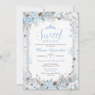 Soft Blue Winter Floral Christmas Sweet Sixteen Invitation