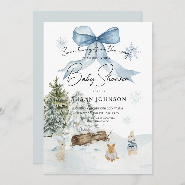 Soft Blue Winter Wonderland Bunny Bow Baby Shower Invitation (Front/Back)