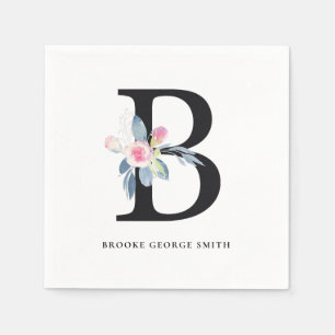 SOFT BLUSH BLUE BLACK FLORAL ALPHABETS LETTER B NAPKIN