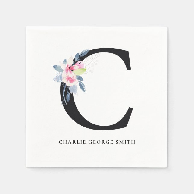 SOFT BLUSH BLUE BLACK FLORAL ALPHABETS LETTER C NAPKIN (Front)