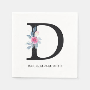 SOFT BLUSH BLUE BLACK FLORAL ALPHABETS LETTER D NAPKIN