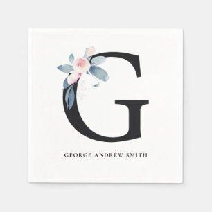 SOFT BLUSH BLUE BLACK FLORAL ALPHABETS LETTER G NAPKIN
