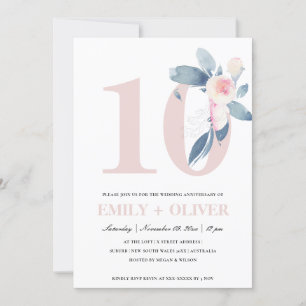SOFT BLUSH BLUE FLORAL 10TH ANY YEAR ANNIVERSARY INVITATION