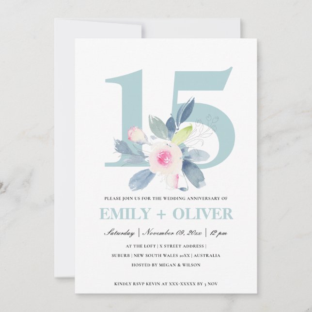 SOFT BLUSH BLUE FLORAL 15TH ANY YEAR ANNIVERSARY INVITATION (Front)