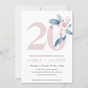 SOFT BLUSH BLUE FLORAL 20TH ANY YEAR ANNIVERSARY INVITATION