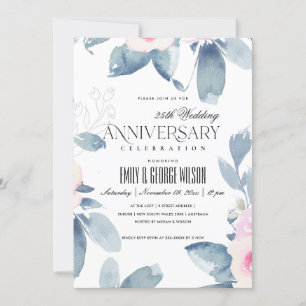 SOFT BLUSH BLUE FLORAL 25th ANY YEAR ANNIVERSARY Invitation